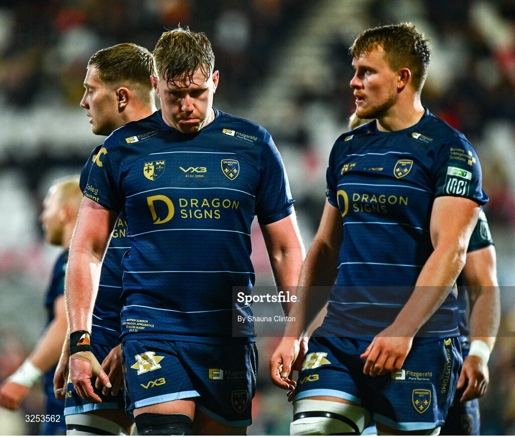 26 September 2025; Matthew Screech of Dragons, left, and team-mate Shane Lewis-Hughes during the United Rugby Championship match between Ulster and Dragons at Affidea Stadium in Belfast. Photo by Shauna Clinton/Sportsfile