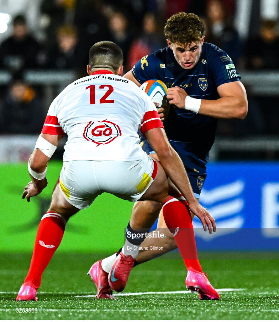 26 September 2025; Joe Westwood of Dragons in action against Stuart McCloskey of Ulster during the United Rugby Championship match between Ulster and Dragons at Affidea Stadium in Belfast. Photo by Shauna Clinton/Sportsfile