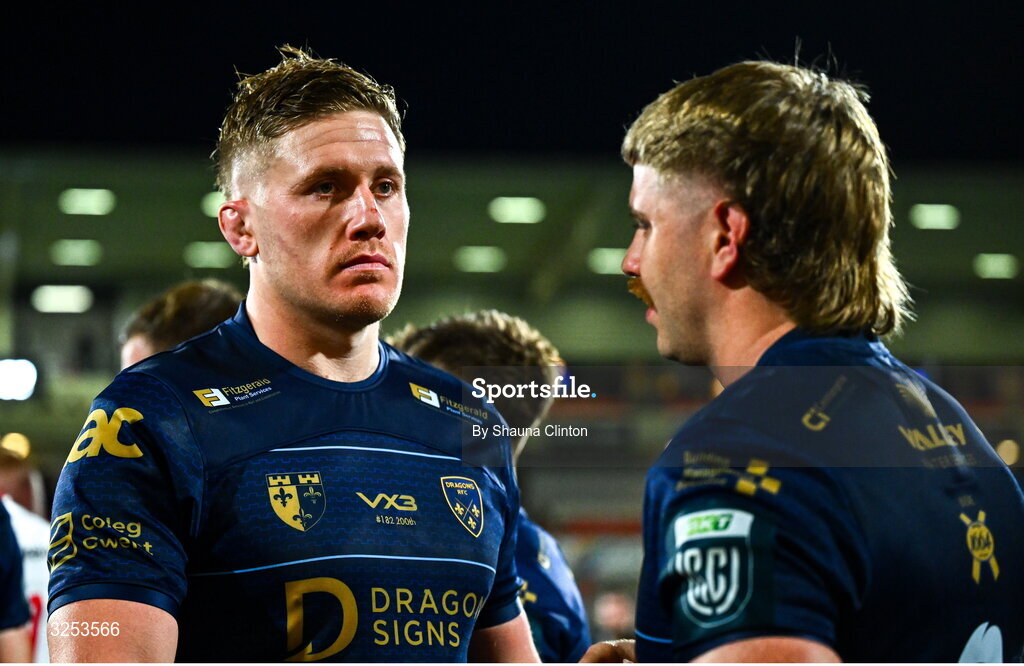 26 September 2025; Matthew Screech, left, and Aaron Wainwright of Dragons after their side's defeat in the United Rugby Championship match between Ulster and Dragons at Affidea Stadium in Belfast. Photo by Shauna Clinton/Sportsfile