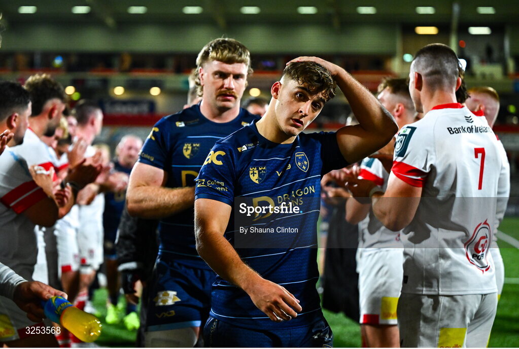 26 September 2025; Huw Anderson of Dragons after his side's defeat in the United Rugby Championship match between Ulster and Dragons at Affidea Stadium in Belfast. Photo by Shauna Clinton/Sportsfile