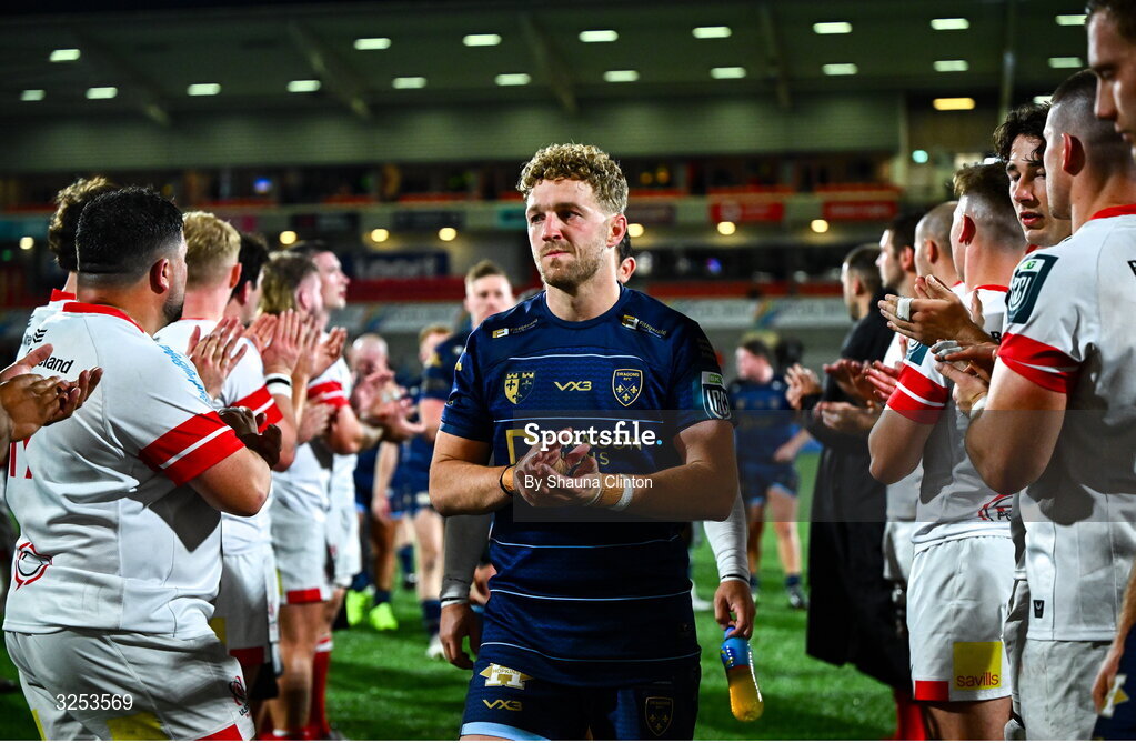 26 September 2025; Angus O'Brien of Dragons after his side's defeat in the United Rugby Championship match between Ulster and Dragons at Affidea Stadium in Belfast. Photo by Shauna Clinton/Sportsfile