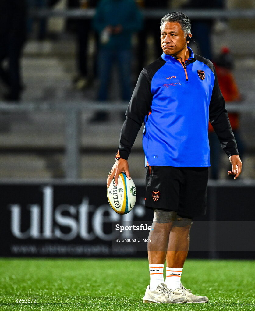 26 September 2025; Dragons head coach Filo Tiatia before the United Rugby Championship match between Ulster and Dragons at Affidea Stadium in Belfast. Photo by Shauna Clinton/Sportsfile