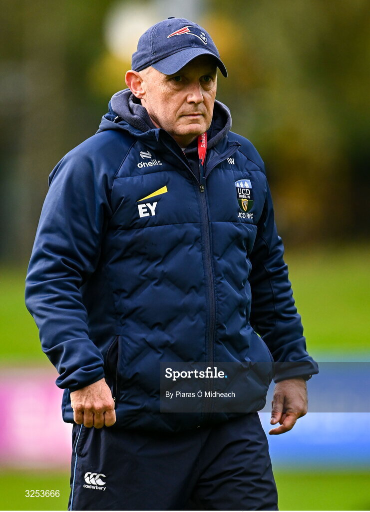 27 September 2025; UCD coach Ian Wyse before the Energia All-Ireland League Division 1A match between UCD and Terenure College RFC at UCD Bowl in Dublin. Photo by Piaras Ó Mídheach/Sportsfile