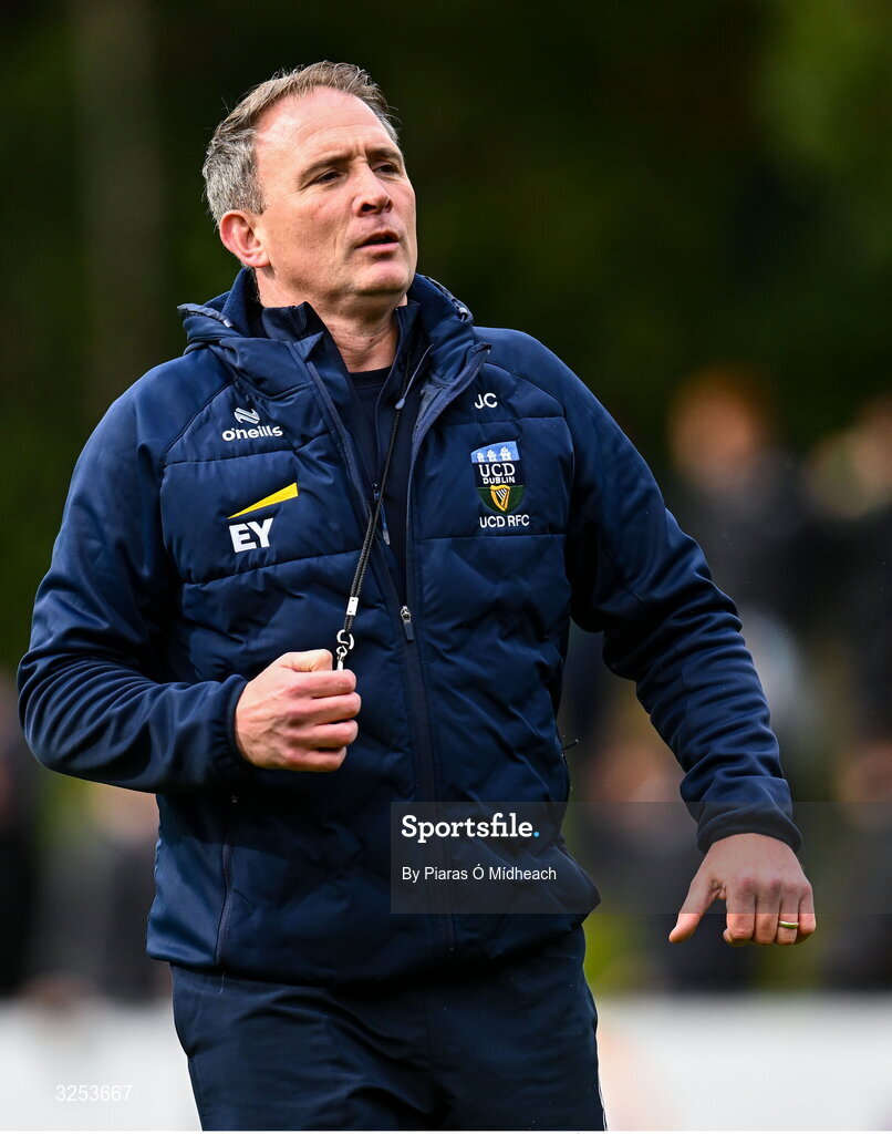 27 September 2025; UCD coach John Coffey before the Energia All-Ireland League Division 1A match between UCD and Terenure College RFC at UCD Bowl in Dublin. Photo by Piaras Ó Mídheach/Sportsfile