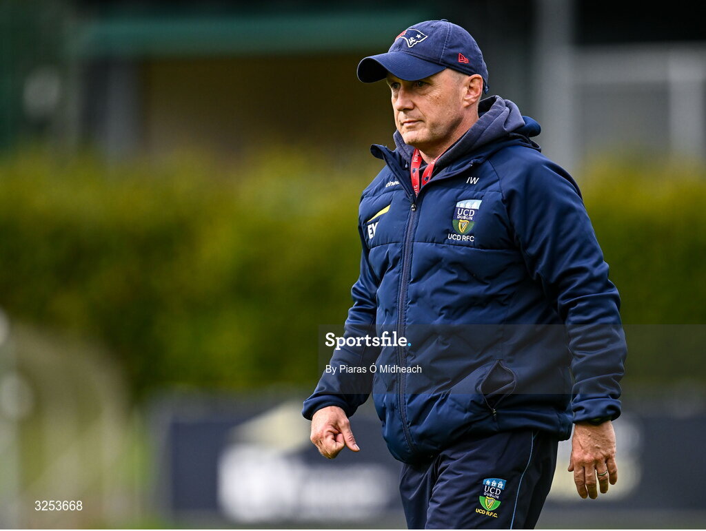 27 September 2025; UCD coach Ian Wyse before the Energia All-Ireland League Division 1A match between UCD and Terenure College RFC at UCD Bowl in Dublin. Photo by Piaras Ó Mídheach/Sportsfile