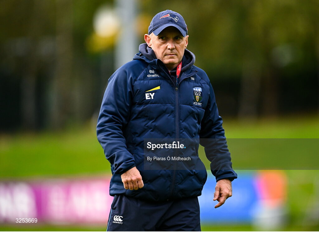 27 September 2025; UCD coach Ian Wyse before the Energia All-Ireland League Division 1A match between UCD and Terenure College RFC at UCD Bowl in Dublin. Photo by Piaras Ó Mídheach/Sportsfile