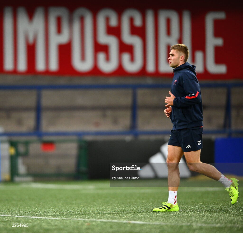 10 October 2025; Jack Crowley of Munster before the United Rugby Championship match between Munster and Edinburgh at Virgin Media Park in Cork. Photo by Shauna Clinton/Sportsfile
