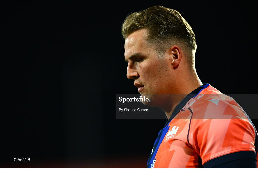 10 October 2025; Duhan van der Merwe of Edinburgh warms-up before the United Rugby Championship match between Munster and Edinburgh at Virgin Media Park in Cork. Photo by Shauna Clinton/Sportsfile