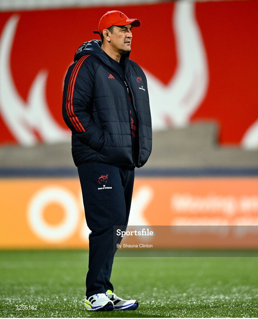 10 October 2025; Munster head coach Clayton McMillan before the United Rugby Championship match between Munster and Edinburgh at Virgin Media Park in Cork. Photo by Shauna Clinton/Sportsfile