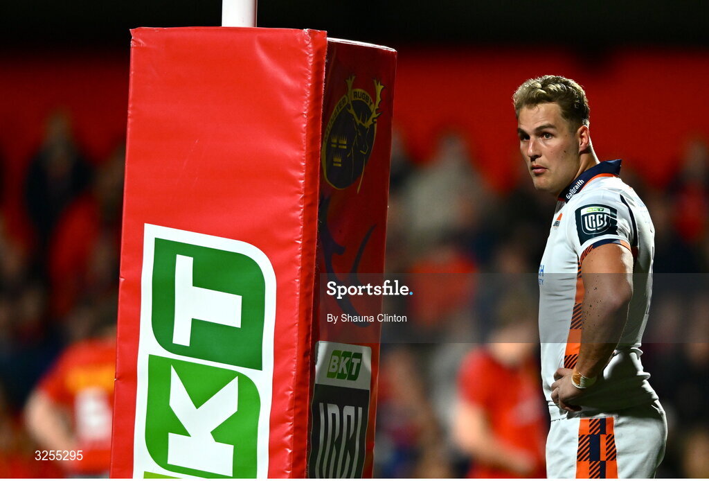 10 October 2025; Duhan van der Merwe of Edinburgh during the United Rugby Championship match between Munster and Edinburgh at Virgin Media Park in Cork. Photo by Shauna Clinton/Sportsfile