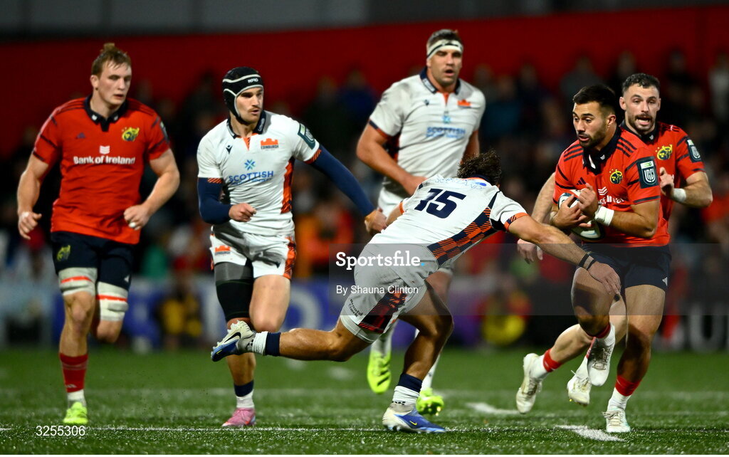 10 October 2025; Dan Kelly of Munster in action against Wes Goosen of Edinburgh during the United Rugby Championship match between Munster and Edinburgh at Virgin Media Park in Cork. Photo by Shauna Clinton/Sportsfile