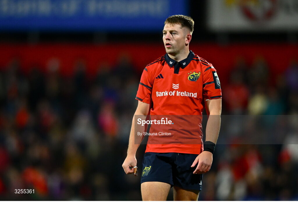 10 October 2025; Lee Barron of Munster during the United Rugby Championship match between Munster and Edinburgh at Virgin Media Park in Cork. Photo by Shauna Clinton/Sportsfile