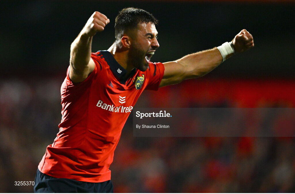 10 October 2025; Dan Kelly of Munster celebrates during the United Rugby Championship match between Munster and Edinburgh at Virgin Media Park in Cork. Photo by Shauna Clinton/Sportsfile