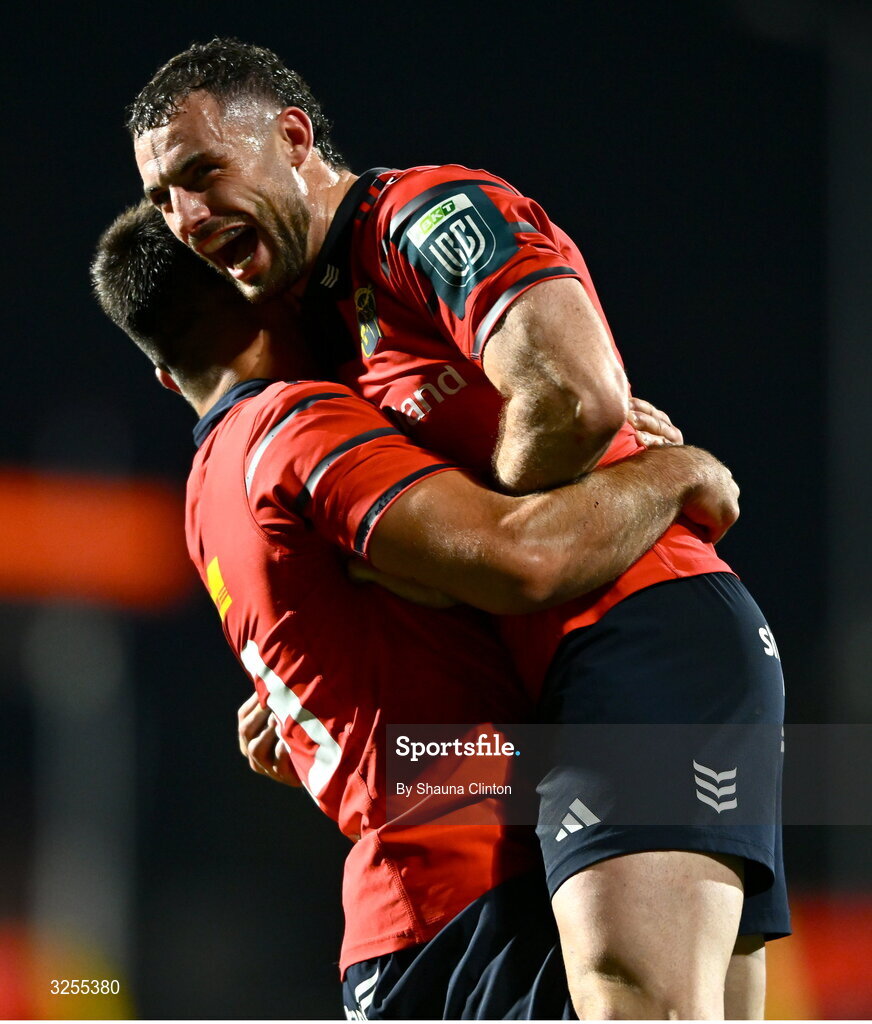10 October 2025; Andrew Smith, right, and Dan Kelly of Munster celebrate during the United Rugby Championship match between Munster and Edinburgh at Virgin Media Park in Cork. Photo by Shauna Clinton/Sportsfile