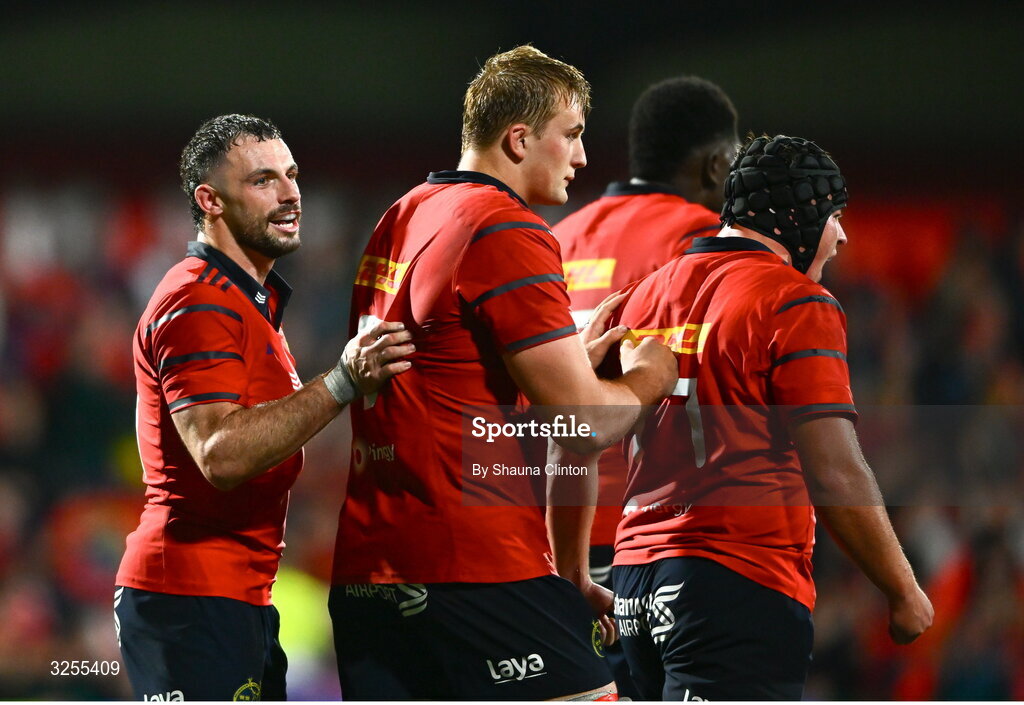 10 October 2025; Andrew Smith of Munster, left, and team-mates celebrate during the United Rugby Championship match between Munster and Edinburgh at Virgin Media Park in Cork. Photo by Shauna Clinton/Sportsfile
