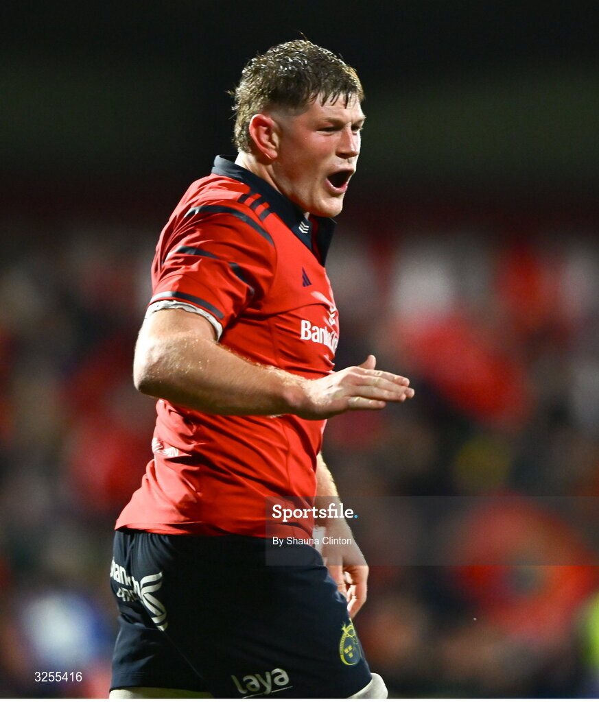 10 October 2025; Jack O'Donoghue of Munster celebrates during the United Rugby Championship match between Munster and Edinburgh at Virgin Media Park in Cork. Photo by Shauna Clinton/Sportsfile