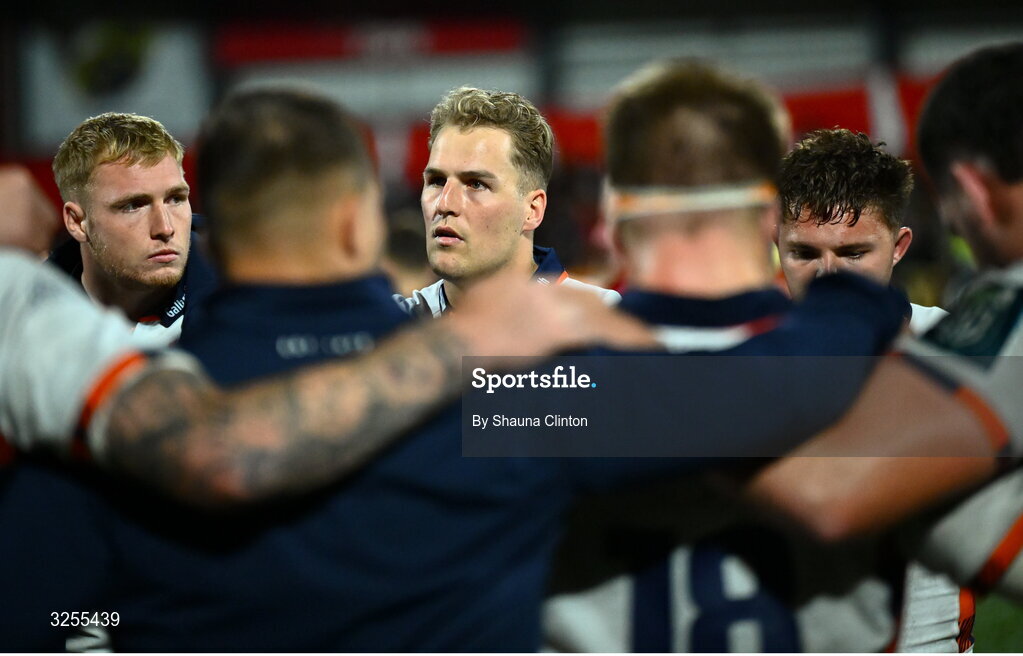 10 October 2025; Duhan van der Merwe of Edinburgh, centre, and team-mates dejected after their side's defeat in the United Rugby Championship match between Munster and Edinburgh at Virgin Media Park in Cork. Photo by Shauna Clinton/Sportsfile