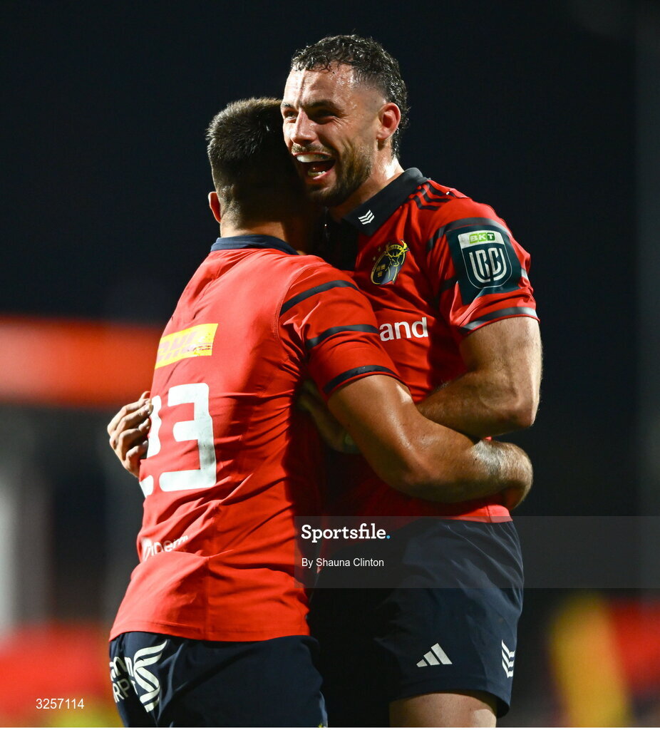 10 October 2025; Andrew Smith, right, and Dan Kelly of Munster celebrate during the United Rugby Championship match between Munster and Edinburgh at Virgin Media Park in Cork. Photo by Shauna Clinton/Sportsfile