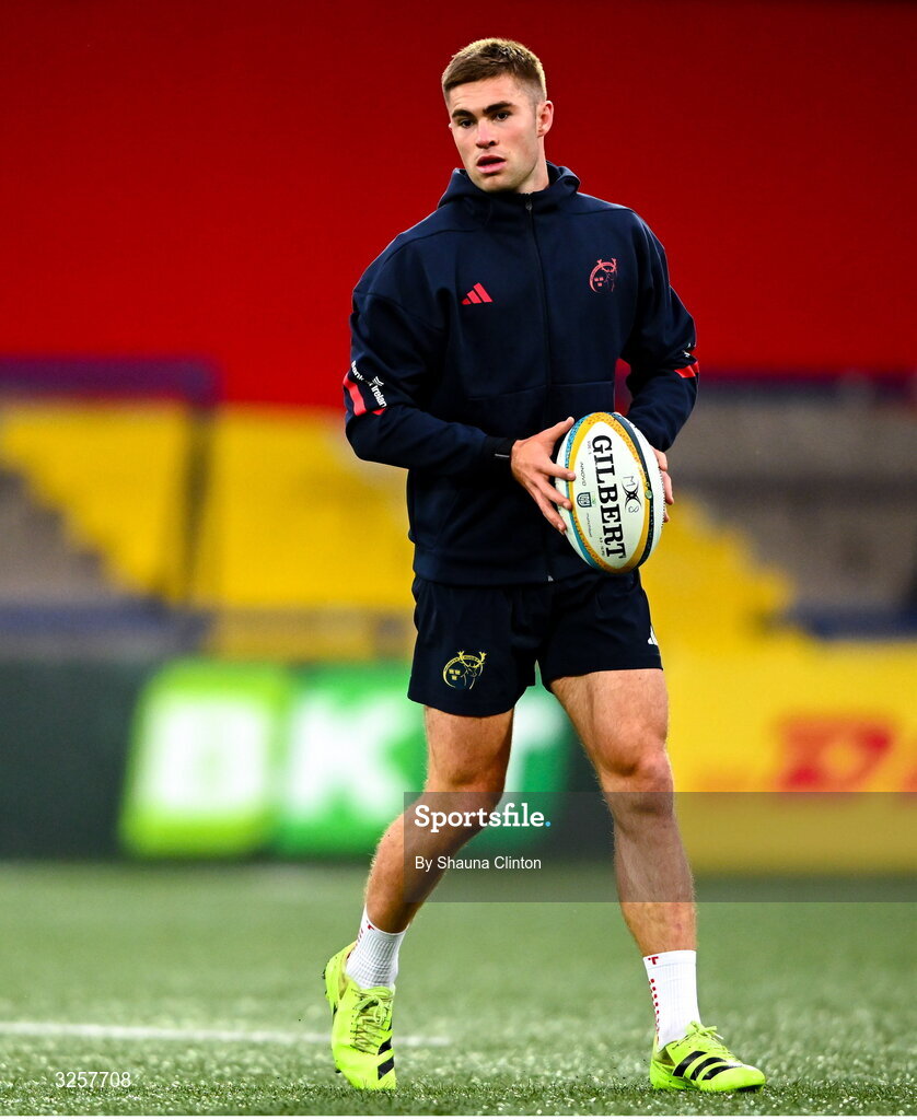 10 October 2025; Jack Crowley of Munster before the United Rugby Championship match between Munster and Edinburgh at Virgin Media Park in Cork. Photo by Shauna Clinton/Sportsfile
