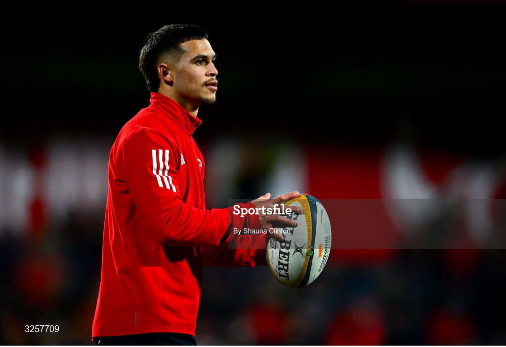 10 October 2025; Thaakir Abrahams of Munster before the United Rugby Championship match between Munster and Edinburgh at Virgin Media Park in Cork. Photo by Shauna Clinton/Sportsfile