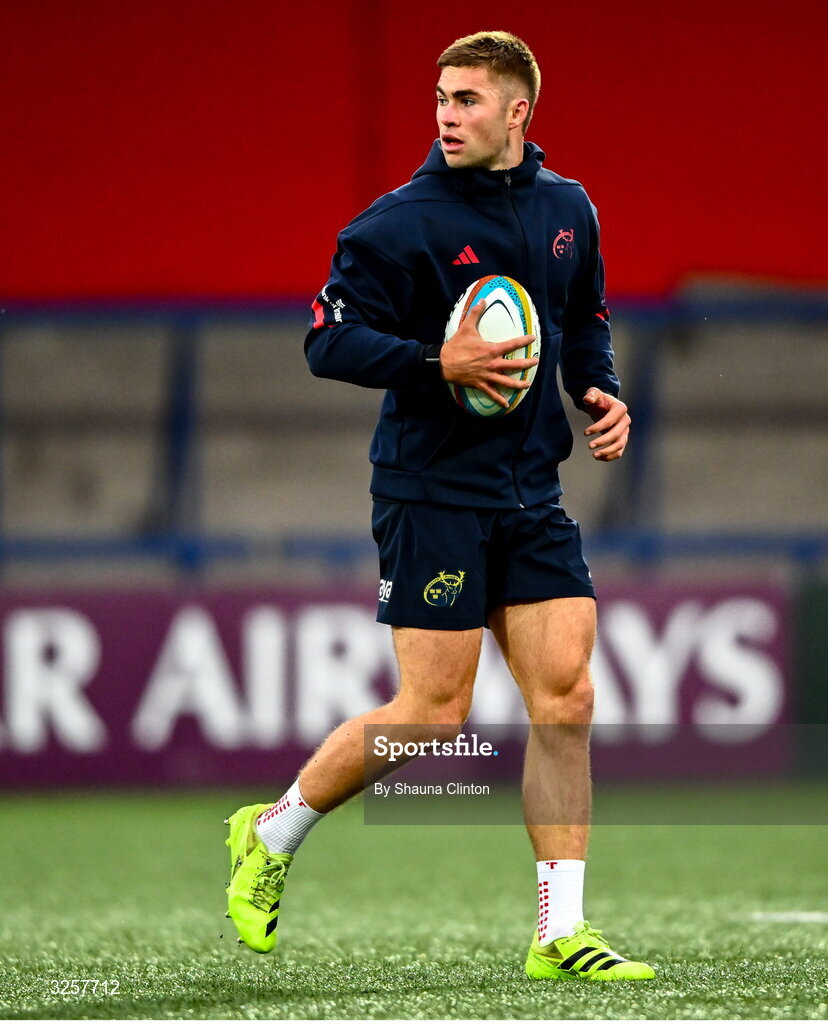 10 October 2025; Jack Crowley of Munster before the United Rugby Championship match between Munster and Edinburgh at Virgin Media Park in Cork. Photo by Shauna Clinton/Sportsfile
