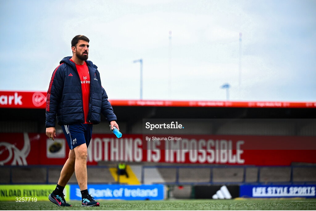 10 October 2025; Jean Kleyn of Munster inspects the pitch before the United Rugby Championship match between Munster and Edinburgh at Virgin Media Park in Cork. Photo by Shauna Clinton/Sportsfile