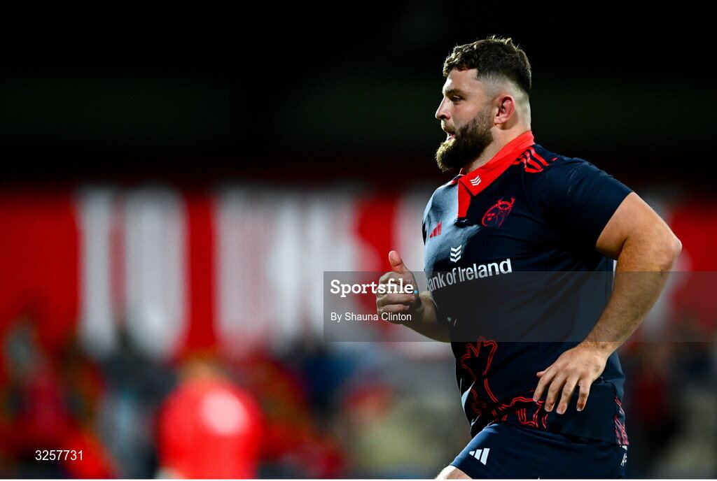 10 October 2025; Michael Milne of Munster warms-up before the United Rugby Championship match between Munster and Edinburgh at Virgin Media Park in Cork. Photo by Shauna Clinton/Sportsfile