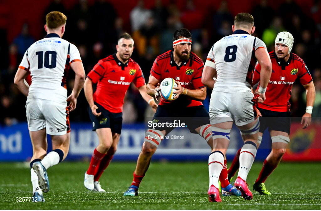 10 October 2025; Jean Kleyn of Munster in action against Magnus Bradbury of Edinburgh during the United Rugby Championship match between Munster and Edinburgh at Virgin Media Park in Cork. Photo by Shauna Clinton/Sportsfile