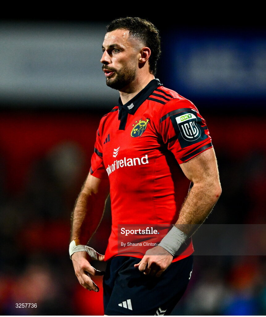 10 October 2025; Andrew Smith of Munster during the United Rugby Championship match between Munster and Edinburgh at Virgin Media Park in Cork. Photo by Shauna Clinton/Sportsfile