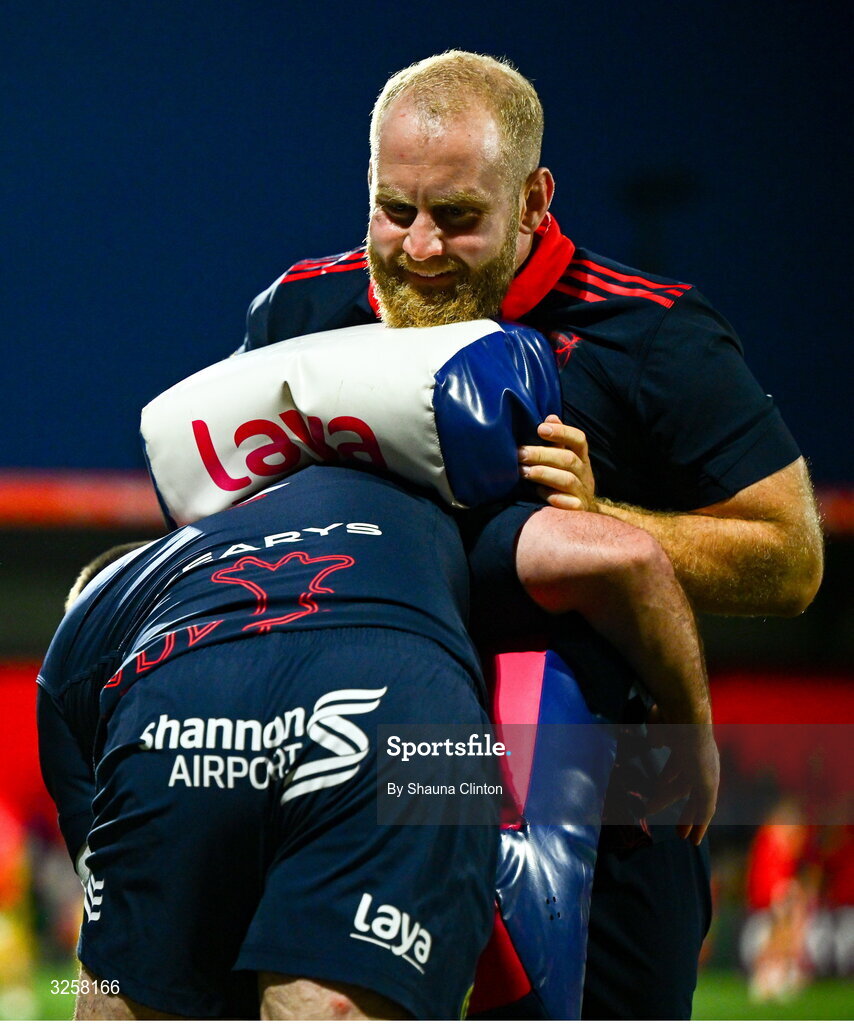10 October 2025; Jeremy Loughman of Munster warms-up before the United Rugby Championship match between Munster and Edinburgh at Virgin Media Park in Cork. Photo by Shauna Clinton/Sportsfile
