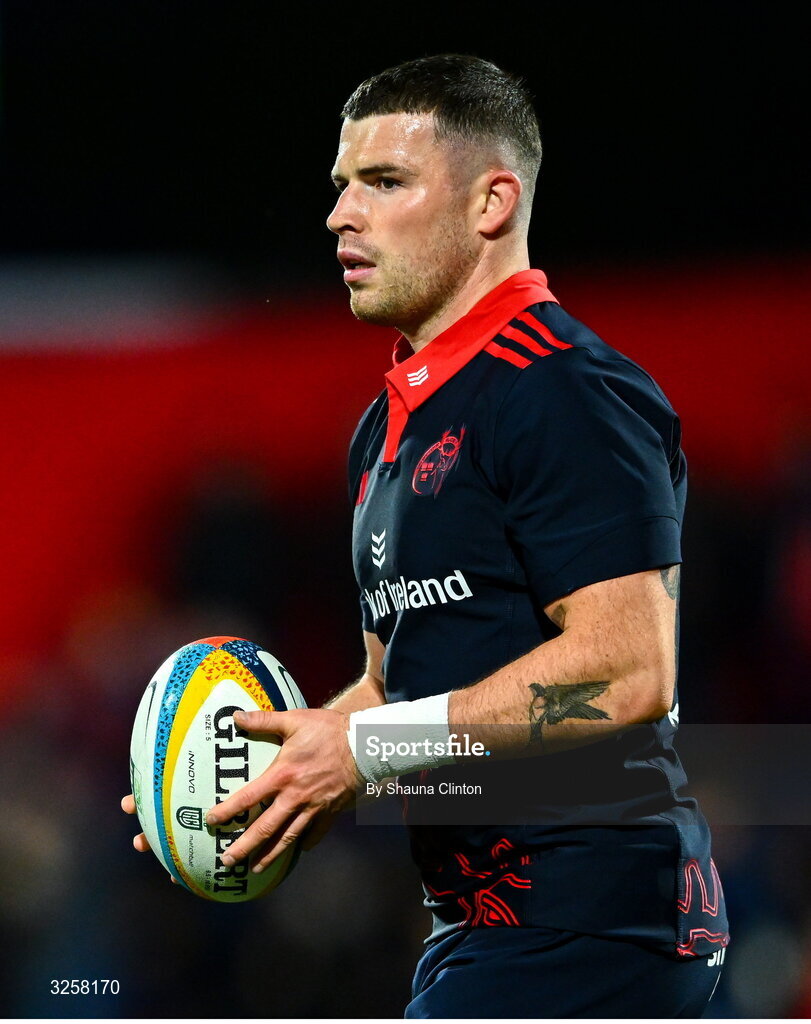 10 October 2025; Calvin Nash of Munster warms-up before the United Rugby Championship match between Munster and Edinburgh at Virgin Media Park in Cork. Photo by Shauna Clinton/Sportsfile