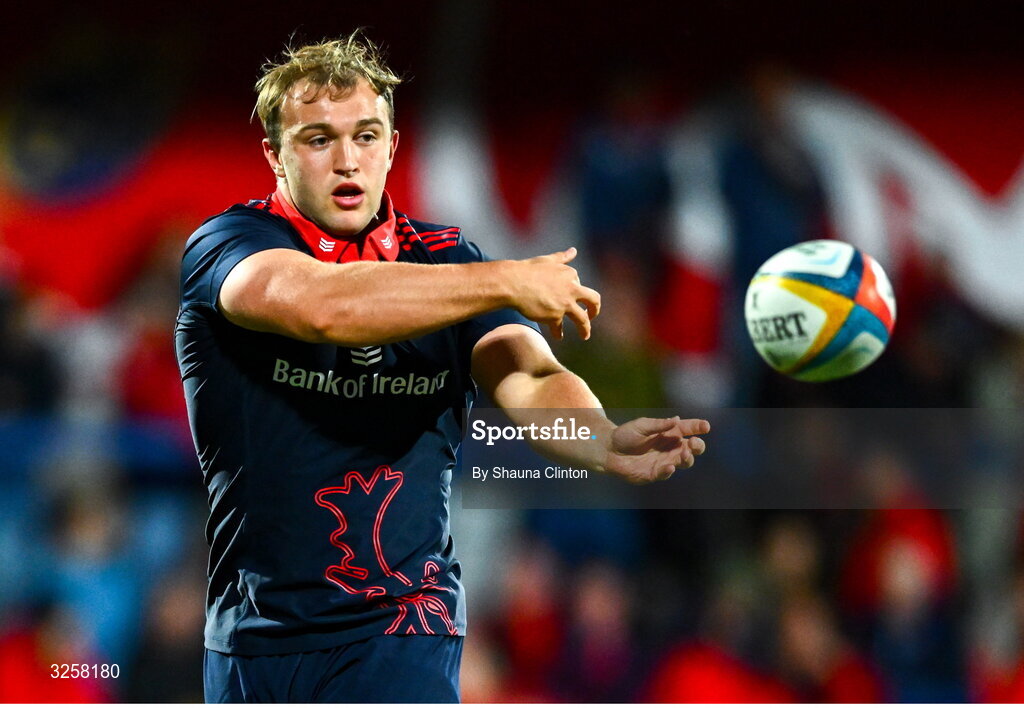 10 October 2025; Max Clein of Munster warms-up before the United Rugby Championship match between Munster and Edinburgh at Virgin Media Park in Cork. Photo by Shauna Clinton/Sportsfile