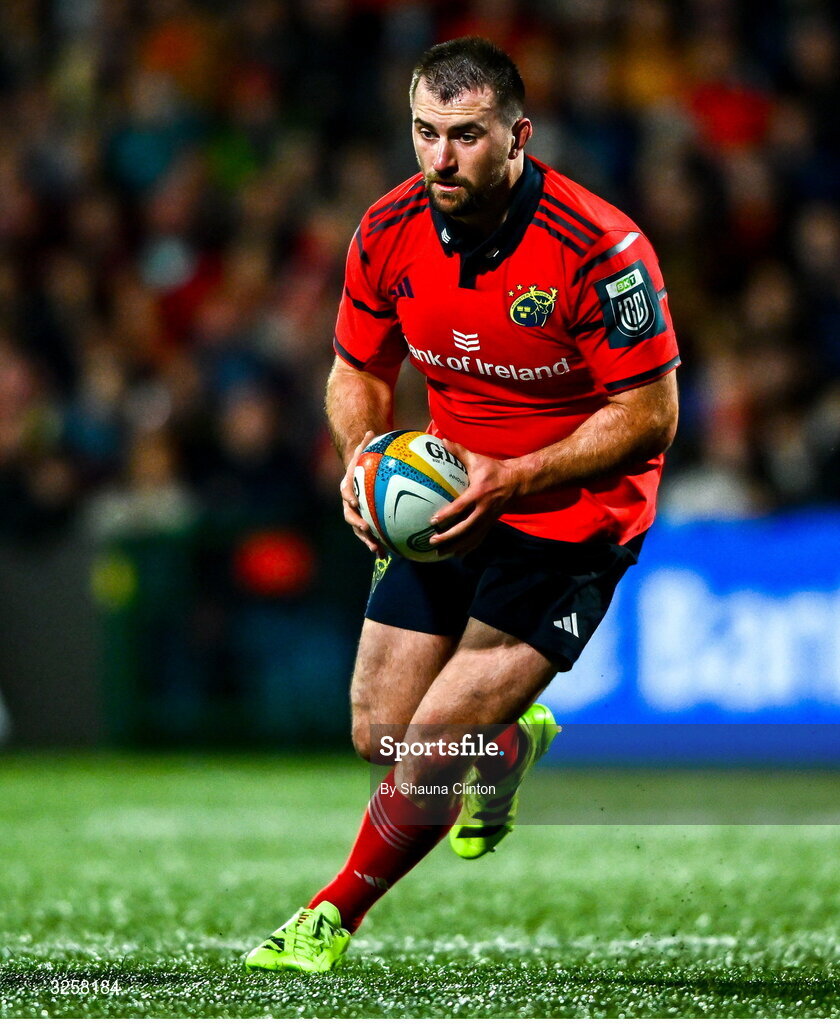 10 October 2025; Diarmuid Barron of Munster during the United Rugby Championship match between Munster and Edinburgh at Virgin Media Park in Cork. Photo by Shauna Clinton/Sportsfile