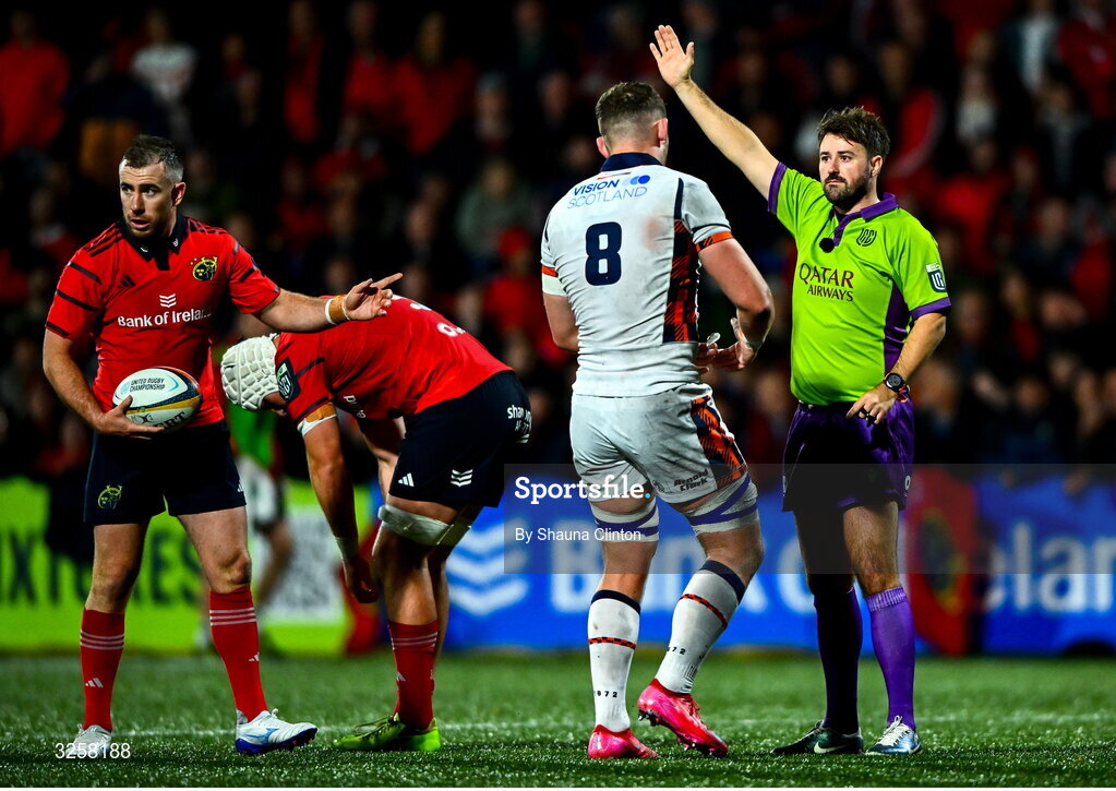 10 October 2025; Referee Ben Whitehouse during the United Rugby Championship match between Munster and Edinburgh at Virgin Media Park in Cork. Photo by Shauna Clinton/Sportsfile