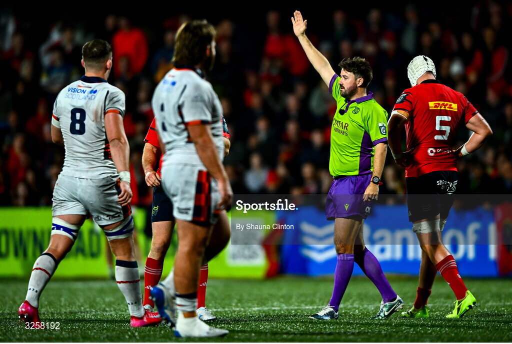 10 October 2025; Referee Ben Whitehouse during the United Rugby Championship match between Munster and Edinburgh at Virgin Media Park in Cork. Photo by Shauna Clinton/Sportsfile