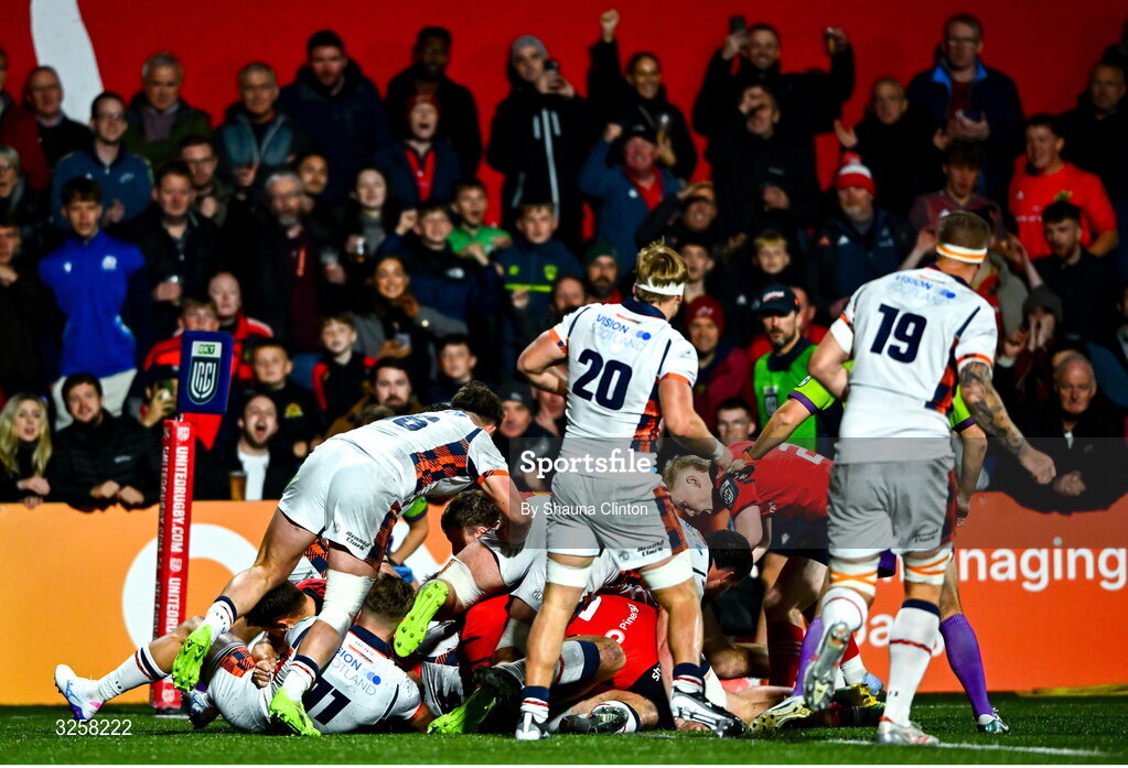10 October 2025; Fineen Wycherly of Munster scores his side's fourth try during the United Rugby Championship match between Munster and Edinburgh at Virgin Media Park in Cork. Photo by Shauna Clinton/Sportsfile