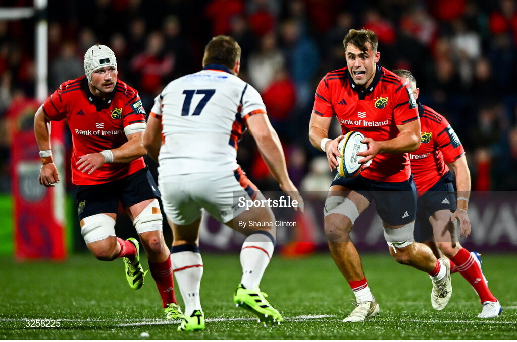 10 October 2025; Brian Gleeson of Munster in action against Boan Venter of Edinburgh during the United Rugby Championship match between Munster and Edinburgh at Virgin Media Park in Cork. Photo by Shauna Clinton/Sportsfile