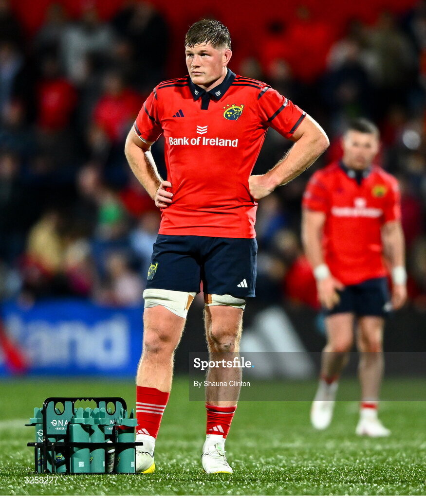 10 October 2025; Jack O'Donoghue of Munster during the United Rugby Championship match between Munster and Edinburgh at Virgin Media Park in Cork. Photo by Shauna Clinton/Sportsfile