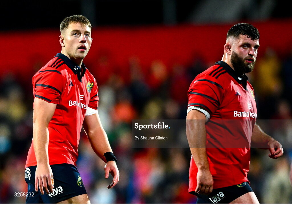10 October 2025; Munster and former Leinster players Lee Barron, left, and Michael Milne during the United Rugby Championship match between Munster and Edinburgh at Virgin Media Park in Cork. Photo by Shauna Clinton/Sportsfile