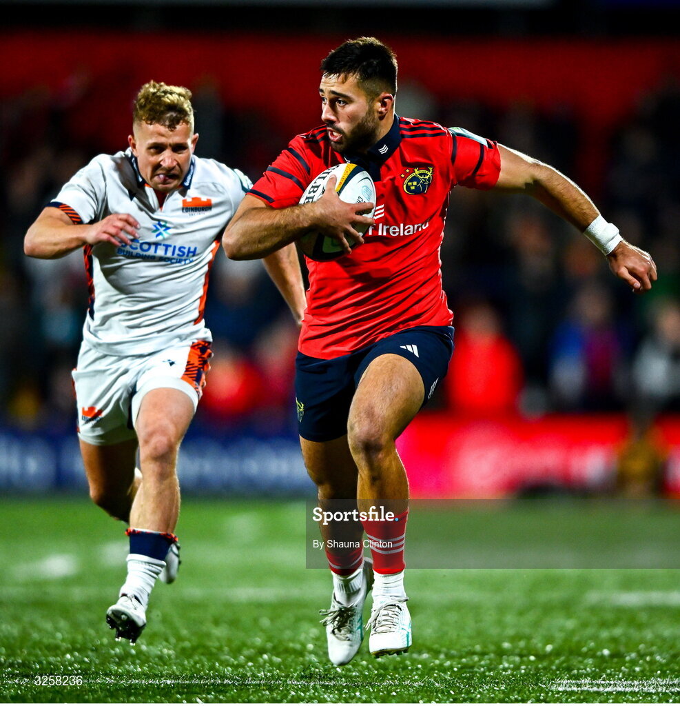10 October 2025; Dan Kelly of Munster makes a break during the United Rugby Championship match between Munster and Edinburgh at Virgin Media Park in Cork. Photo by Shauna Clinton/Sportsfile