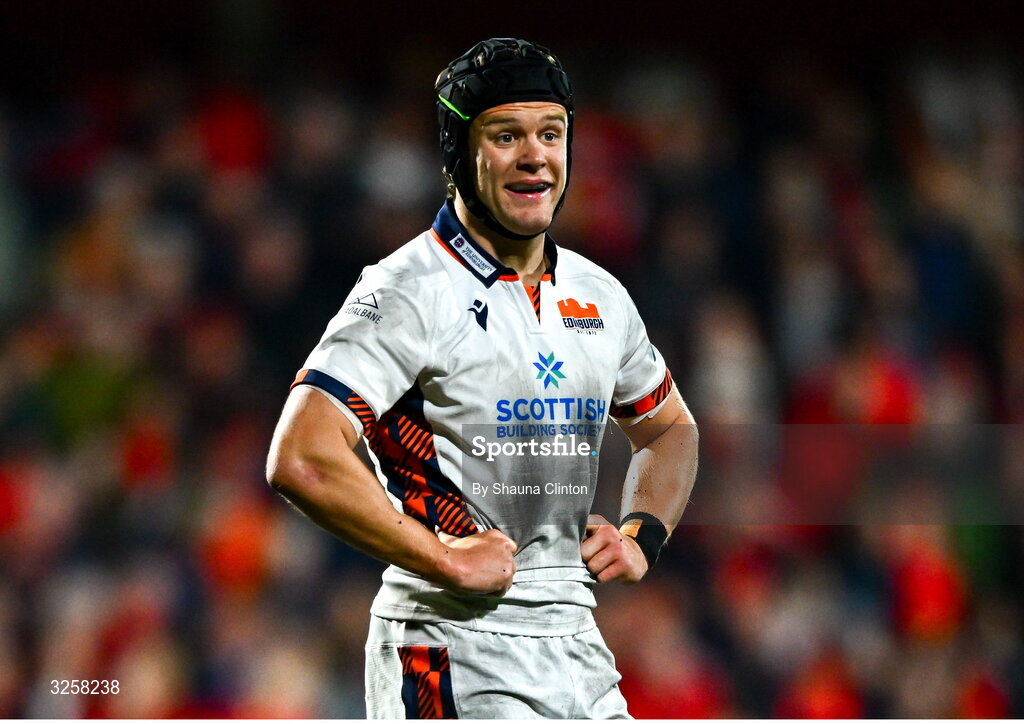 10 October 2025; Darcy Graham of Edinburgh during the United Rugby Championship match between Munster and Edinburgh at Virgin Media Park in Cork. Photo by Shauna Clinton/Sportsfile