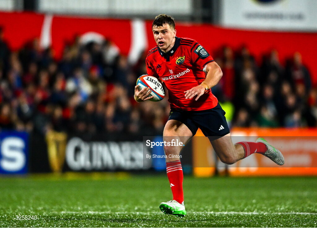 10 October 2025; Tom Farrell of Munster during the United Rugby Championship match between Munster and Edinburgh at Virgin Media Park in Cork. Photo by Shauna Clinton/Sportsfile