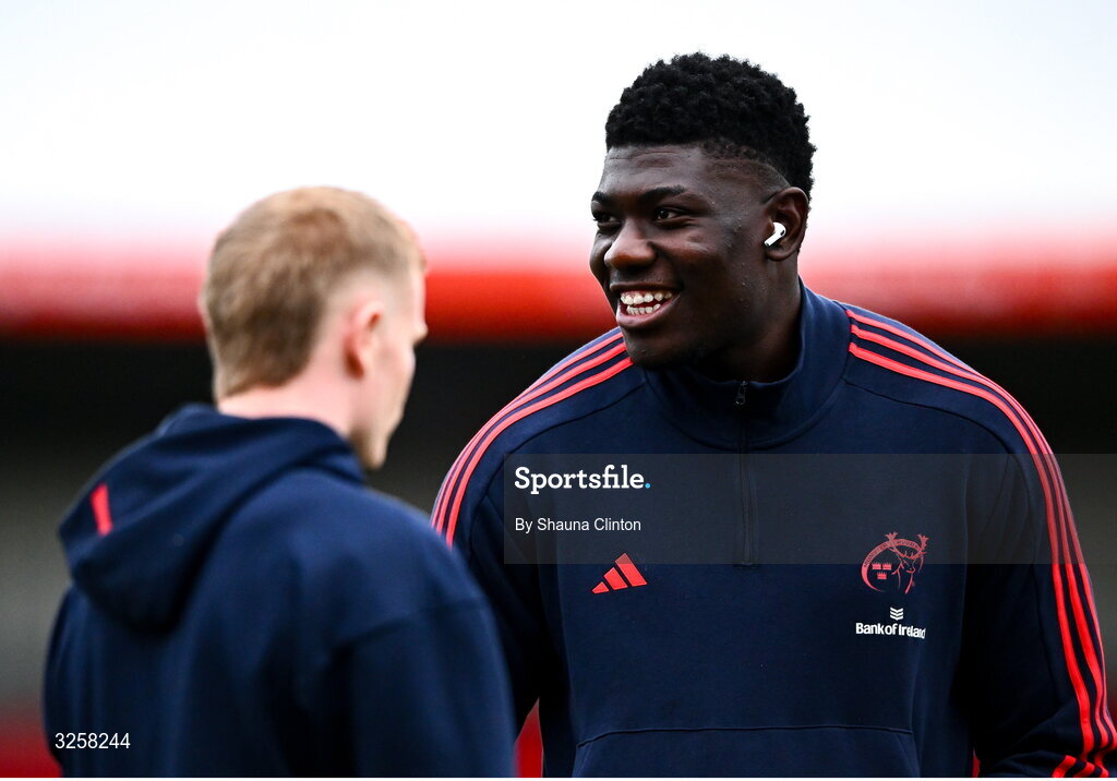 10 October 2025; Edwin Edogbo, right, and Ethan Coughlan of Munster before the United Rugby Championship match between Munster and Edinburgh at Virgin Media Park in Cork. Photo by Shauna Clinton/Sportsfile