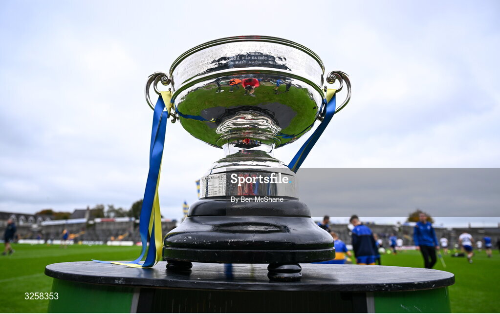 12 October 2025; A general view of the cup before the Meath County Senior Club Football Championship final match between Ratoath and Summerhill at Páirc Tailteann in Navan, Meath. Photo by Ben McShane/Sportsfile