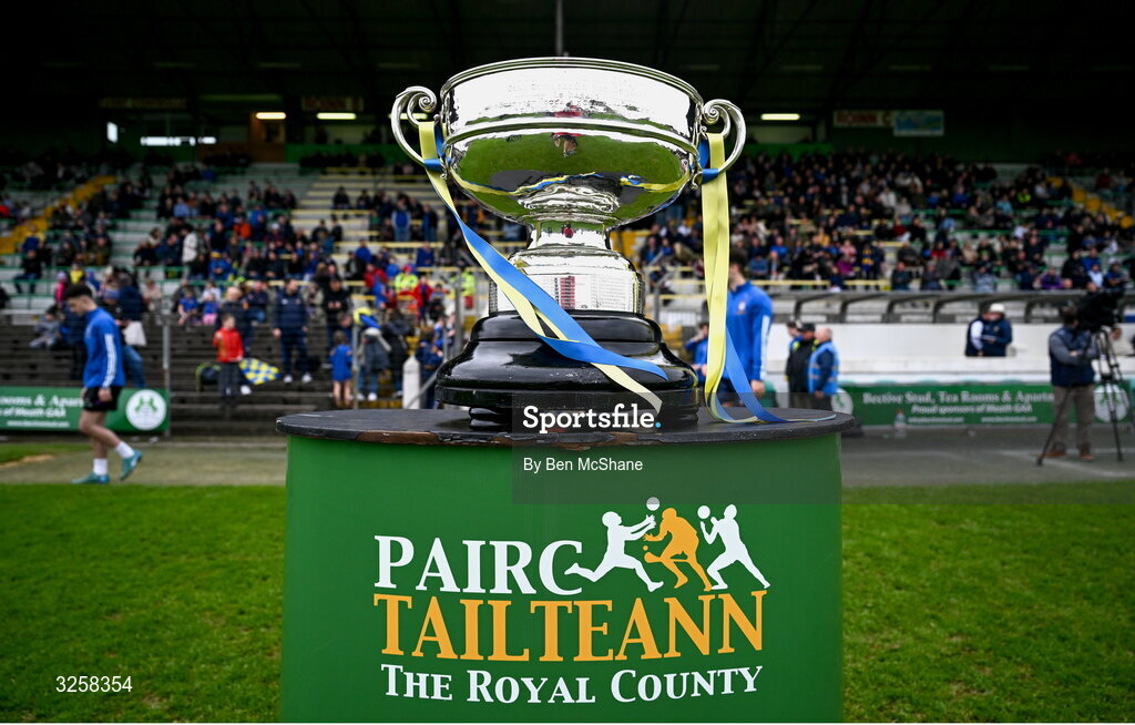 12 October 2025; A general view of the cup before the Meath County Senior Club Football Championship final match between Ratoath and Summerhill at Páirc Tailteann in Navan, Meath. Photo by Ben McShane/Sportsfile