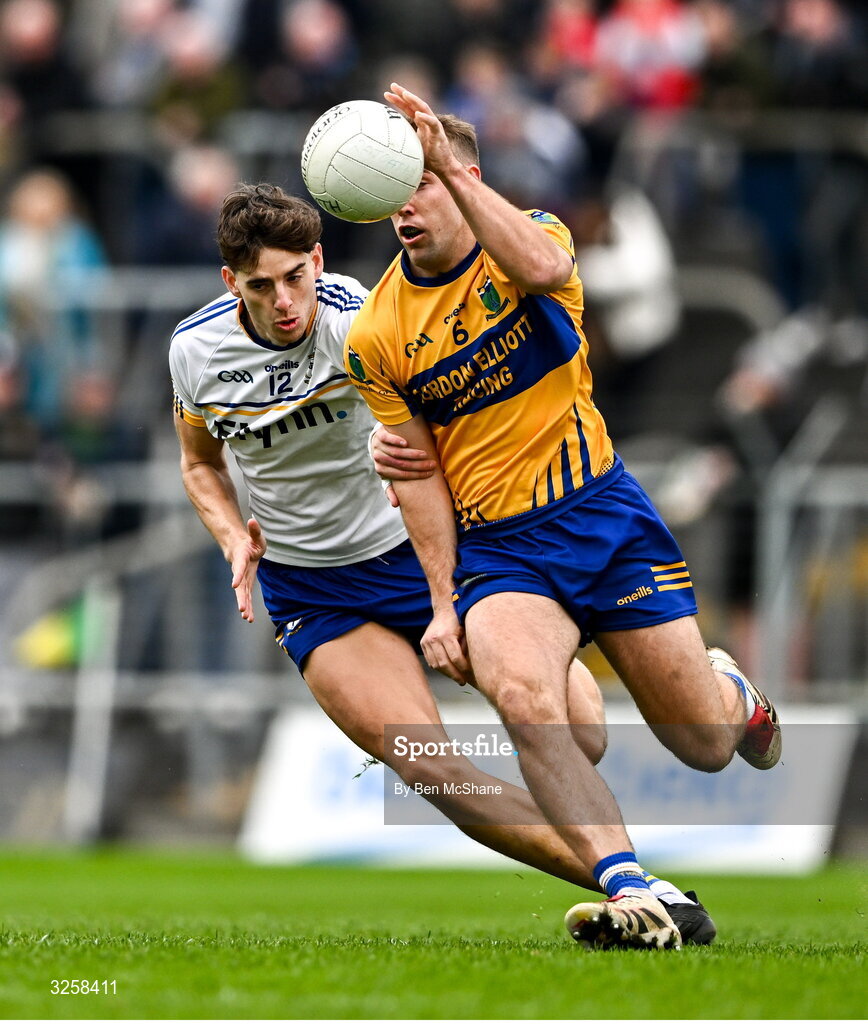 12 October 2025; Ross Ryan of Summerhill is tackled by Daithi McGowan of Ratoath during the Meath County Senior Club Football Championship final match between Ratoath and Summerhill at Páirc Tailteann in Navan, Meath. Photo by Ben McShane/Sportsfile