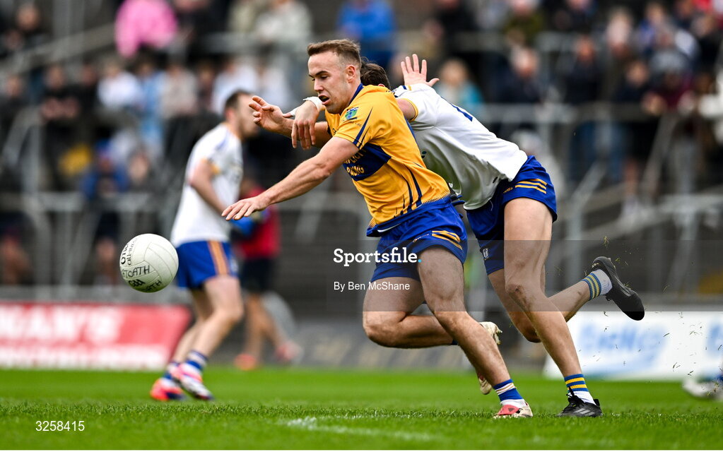 12 October 2025; Ross Ryan of Summerhill is tackled by Daithi McGowan of Ratoath during the Meath County Senior Club Football Championship final match between Ratoath and Summerhill at Páirc Tailteann in Navan, Meath. Photo by Ben McShane/Sportsfile