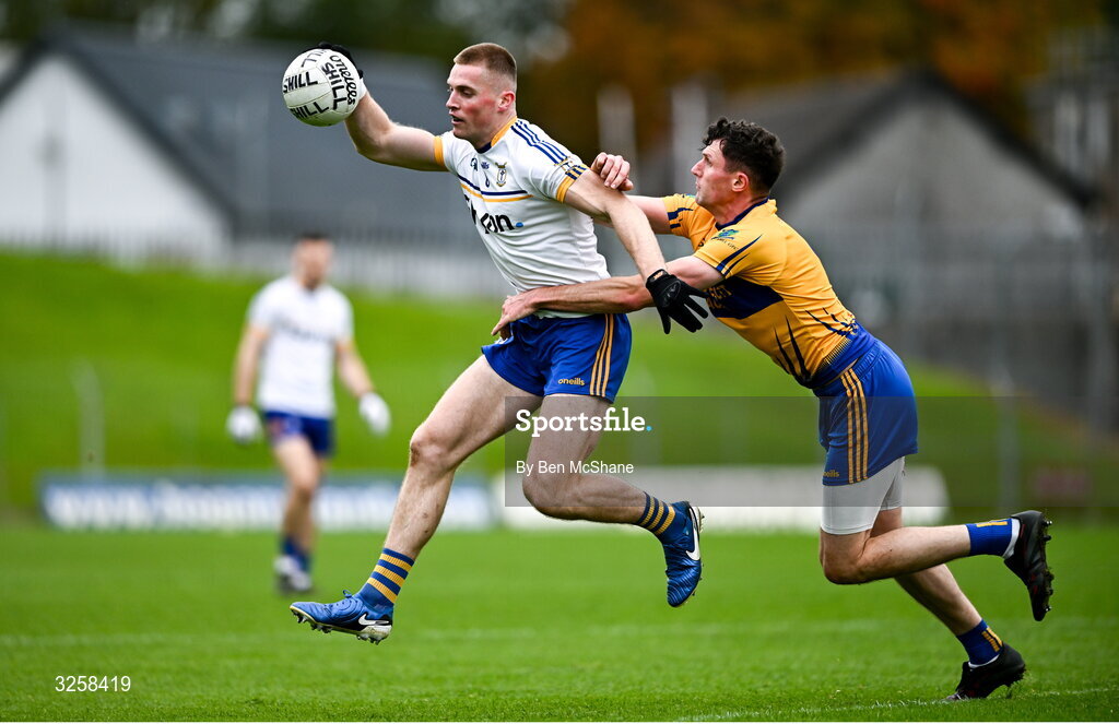 12 October 2025; Jack Flynn of Ratoath is tackled by Adam Flanagan of Summerhill during the Meath County Senior Club Football Championship final match between Ratoath and Summerhill at Páirc Tailteann in Navan, Meath. Photo by Ben McShane/Sportsfile