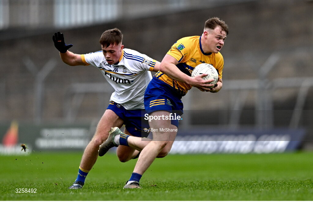 12 October 2025; Adam McDonnell of Summerhill is tackled by Cian Crawford of Ratoath during the Meath County Senior Club Football Championship final match between Ratoath and Summerhill at Páirc Tailteann in Navan, Meath. Photo by Ben McShane/Sportsfile