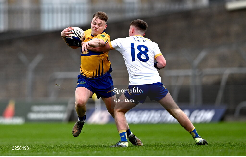 12 October 2025; Adam McDonnell of Summerhill is tackled by Cian Crawford of Ratoath during the Meath County Senior Club Football Championship final match between Ratoath and Summerhill at Páirc Tailteann in Navan, Meath. Photo by Ben McShane/Sportsfile